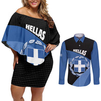 Personalised Greece Hellas Couples Matching Off Shoulder Short Dress and Long Sleeve Button Shirt Coat Of Arms - Wonder Print Shop