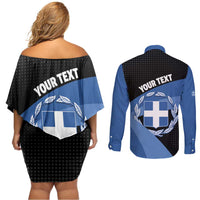 Personalised Greece Hellas Couples Matching Off Shoulder Short Dress and Long Sleeve Button Shirt Coat Of Arms - Wonder Print Shop