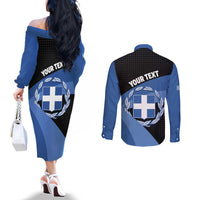 Personalised Greece Hellas Couples Matching Off The Shoulder Long Sleeve Dress and Long Sleeve Button Shirt Coat Of Arms - Wonder Print Shop