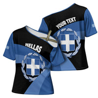 Personalised Greece Hellas Cross Shoulder Shirt Coat Of Arms - Wonder Print Shop