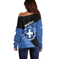 Personalised Greece Hellas Off Shoulder Sweater Coat Of Arms - Wonder Print Shop