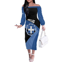 Personalised Greece Hellas Off The Shoulder Long Sleeve Dress Coat Of Arms - Wonder Print Shop