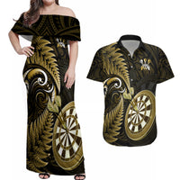 Personalised New Zealand Darts Couples Matching Off Shoulder Maxi Dress and Hawaiian Shirt Happiness Is A Tight Threesome Maori Gold - Wonder Print Shop