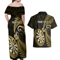 Personalised New Zealand Darts Couples Matching Off Shoulder Maxi Dress and Hawaiian Shirt Happiness Is A Tight Threesome Maori Gold - Wonder Print Shop
