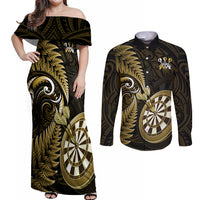 Personalised New Zealand Darts Couples Matching Off Shoulder Maxi Dress and Long Sleeve Button Shirts Happiness Is A Tight Threesome Maori Gold - Wonder Print Shop