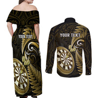 Personalised New Zealand Darts Couples Matching Off Shoulder Maxi Dress and Long Sleeve Button Shirts Happiness Is A Tight Threesome Maori Gold - Wonder Print Shop