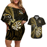 Personalised New Zealand Darts Couples Matching Off Shoulder Short Dress and Hawaiian Shirt Happiness Is A Tight Threesome Maori Gold - Wonder Print Shop