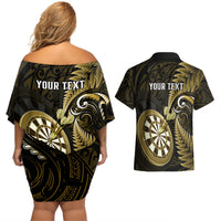 Personalised New Zealand Darts Couples Matching Off Shoulder Short Dress and Hawaiian Shirt Happiness Is A Tight Threesome Maori Gold - Wonder Print Shop