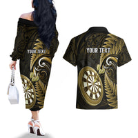 Personalised New Zealand Darts Couples Matching Off The Shoulder Long Sleeve Dress and Hawaiian Shirt Happiness Is A Tight Threesome Maori Gold - Wonder Print Shop