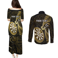 Personalised New Zealand Darts Couples Matching Puletasi Dress and Long Sleeve Button Shirts Happiness Is A Tight Threesome Maori Gold - Wonder Print Shop