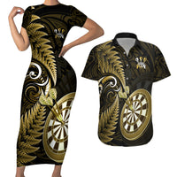 Personalised New Zealand Darts Couples Matching Short Sleeve Bodycon Dress and Hawaiian Shirt Happiness Is A Tight Threesome Maori Gold - Wonder Print Shop