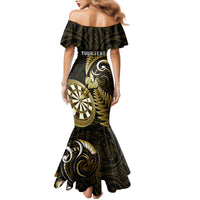 Personalised New Zealand Darts Family Matching Mermaid Dress and Hawaiian Shirt Happiness Is A Tight Threesome Maori Gold - Wonder Print Shop