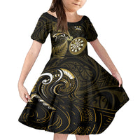 Personalised New Zealand Darts Family Matching Off Shoulder Long Sleeve Dress and Hawaiian Shirt Happiness Is A Tight Threesome Maori Gold - Wonder Print Shop