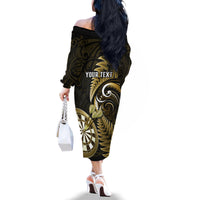 Personalised New Zealand Darts Family Matching Off Shoulder Long Sleeve Dress and Hawaiian Shirt Happiness Is A Tight Threesome Maori Gold - Wonder Print Shop
