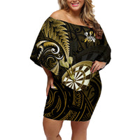 Personalised New Zealand Darts Family Matching Off Shoulder Short Dress and Hawaiian Shirt Happiness Is A Tight Threesome Maori Gold - Wonder Print Shop