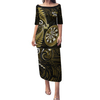 Personalised New Zealand Darts Family Matching Puletasi Dress and Hawaiian Shirt Happiness Is A Tight Threesome Maori Gold - Wonder Print Shop