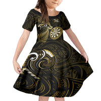 Personalised New Zealand Darts Family Matching Short Sleeve Bodycon Dress and Hawaiian Shirt Happiness Is A Tight Threesome Maori Gold - Wonder Print Shop