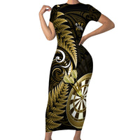 Personalised New Zealand Darts Family Matching Short Sleeve Bodycon Dress and Hawaiian Shirt Happiness Is A Tight Threesome Maori Gold - Wonder Print Shop