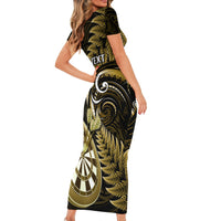 Personalised New Zealand Darts Family Matching Short Sleeve Bodycon Dress and Hawaiian Shirt Happiness Is A Tight Threesome Maori Gold - Wonder Print Shop