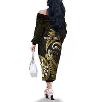 Personalised New Zealand Darts Off The Shoulder Long Sleeve Dress Happiness Is A Tight Threesome Maori Gold - Wonder Print Shop