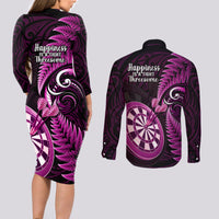 New Zealand Darts Couples Matching Long Sleeve Bodycon Dress and Long Sleeve Button Shirts Happiness Is A Tight Threesome Maori Pink - Wonder Print Shop