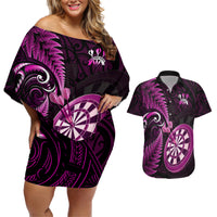 New Zealand Darts Couples Matching Off Shoulder Short Dress and Hawaiian Shirt Happiness Is A Tight Threesome Maori Pink - Wonder Print Shop