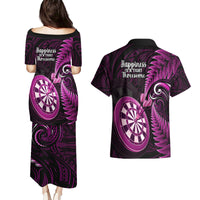 New Zealand Darts Couples Matching Puletasi Dress and Hawaiian Shirt Happiness Is A Tight Threesome Maori Pink - Wonder Print Shop