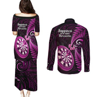 New Zealand Darts Couples Matching Puletasi Dress and Long Sleeve Button Shirts Happiness Is A Tight Threesome Maori Pink - Wonder Print Shop