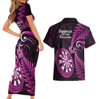 New Zealand Darts Couples Matching Short Sleeve Bodycon Dress and Hawaiian Shirt Happiness Is A Tight Threesome Maori Pink - Wonder Print Shop