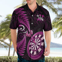 Men’s black Hawaiian shirt with pink dartboard, fern, and crest, button front