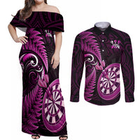 Personalised New Zealand Darts Couples Matching Off Shoulder Maxi Dress and Long Sleeve Button Shirts Happiness Is A Tight Threesome Maori Pink - Wonder Print Shop