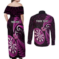 Personalised New Zealand Darts Couples Matching Off Shoulder Maxi Dress and Long Sleeve Button Shirts Happiness Is A Tight Threesome Maori Pink - Wonder Print Shop