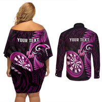 Personalised New Zealand Darts Couples Matching Off Shoulder Short Dress and Long Sleeve Button Shirts Happiness Is A Tight Threesome Maori Pink - Wonder Print Shop