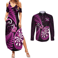 Personalised New Zealand Darts Couples Matching Summer Maxi Dress and Long Sleeve Button Shirts Happiness Is A Tight Threesome Maori Pink - Wonder Print Shop