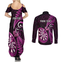 Personalised New Zealand Darts Couples Matching Summer Maxi Dress and Long Sleeve Button Shirts Happiness Is A Tight Threesome Maori Pink - Wonder Print Shop