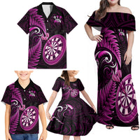 Personalised New Zealand Darts Family Matching Off Shoulder Maxi Dress and Hawaiian Shirt Happiness Is A Tight Threesome Maori Pink - Wonder Print Shop