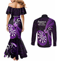 new-zealand-darts-couples-matching-mermaid-dress-and-long-sleeve-button-shirts-happiness-is-a-tight-threesome-maori-purple