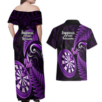 New Zealand Darts Couples Matching Off Shoulder Maxi Dress and Hawaiian Shirt Happiness Is A Tight Threesome Maori Purple - Wonder Print Shop