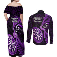 New Zealand Darts Couples Matching Off Shoulder Maxi Dress and Long Sleeve Button Shirts Happiness Is A Tight Threesome Maori Purple - Wonder Print Shop