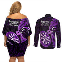 New Zealand Darts Couples Matching Off Shoulder Short Dress and Long Sleeve Button Shirts Happiness Is A Tight Threesome Maori Purple - Wonder Print Shop