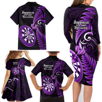 New Zealand Darts Family Matching Long Sleeve Bodycon Dress and Hawaiian Shirt Happiness Is A Tight Threesome Maori Purple - Wonder Print Shop