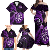 New Zealand Darts Family Matching Off Shoulder Maxi Dress and Hawaiian Shirt Happiness Is A Tight Threesome Maori Purple - Wonder Print Shop