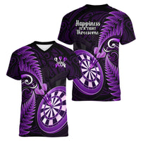 New Zealand Darts Women V Neck T Shirt Happiness Is A Tight Threesome Maori Purple - Wonder Print Shop
