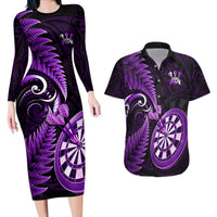 Personalised New Zealand Darts Couples Matching Long Sleeve Bodycon Dress and Hawaiian Shirt Happiness Is A Tight Threesome Maori Purple - Wonder Print Shop