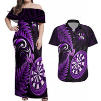 Personalised New Zealand Darts Couples Matching Off Shoulder Maxi Dress and Hawaiian Shirt Happiness Is A Tight Threesome Maori Purple - Wonder Print Shop