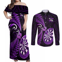 Personalised New Zealand Darts Couples Matching Off Shoulder Maxi Dress and Long Sleeve Button Shirts Happiness Is A Tight Threesome Maori Purple - Wonder Print Shop