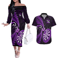 Personalised New Zealand Darts Couples Matching Off The Shoulder Long Sleeve Dress and Hawaiian Shirt Happiness Is A Tight Threesome Maori Purple - Wonder Print Shop