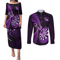 Personalised New Zealand Darts Couples Matching Puletasi Dress and Long Sleeve Button Shirts Happiness Is A Tight Threesome Maori Purple - Wonder Print Shop