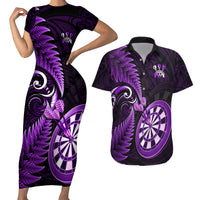 Personalised New Zealand Darts Couples Matching Short Sleeve Bodycon Dress and Hawaiian Shirt Happiness Is A Tight Threesome Maori Purple - Wonder Print Shop