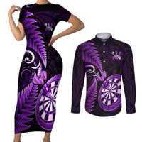 Personalised New Zealand Darts Couples Matching Short Sleeve Bodycon Dress and Long Sleeve Button Shirts Happiness Is A Tight Threesome Maori Purple - Wonder Print Shop